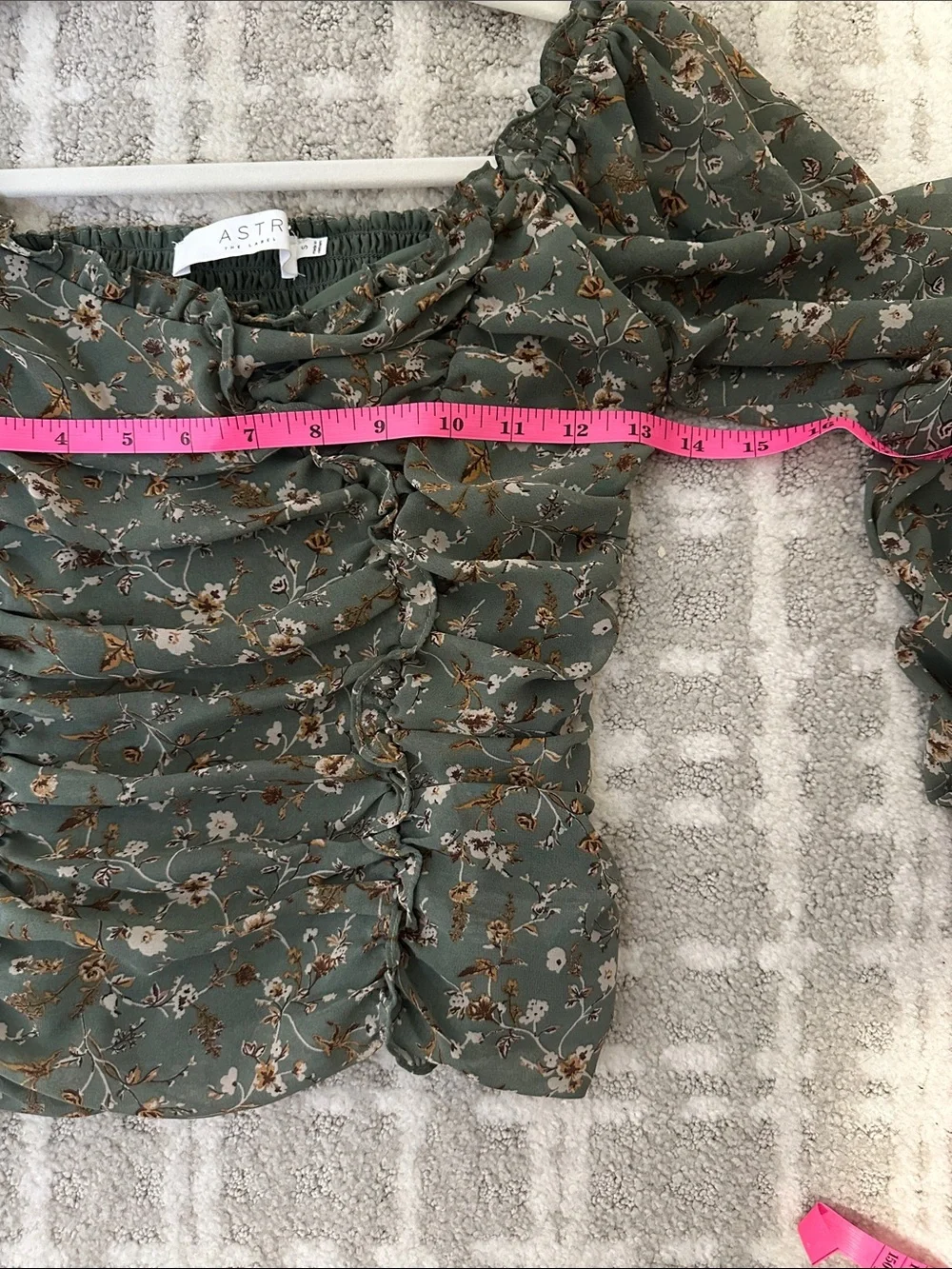 Astr Olive Green Floral Ruched Square-Neck Blouse